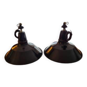 1 Pair of Restored Vintage Mazda Enameled Industrial Pendant Lamps
