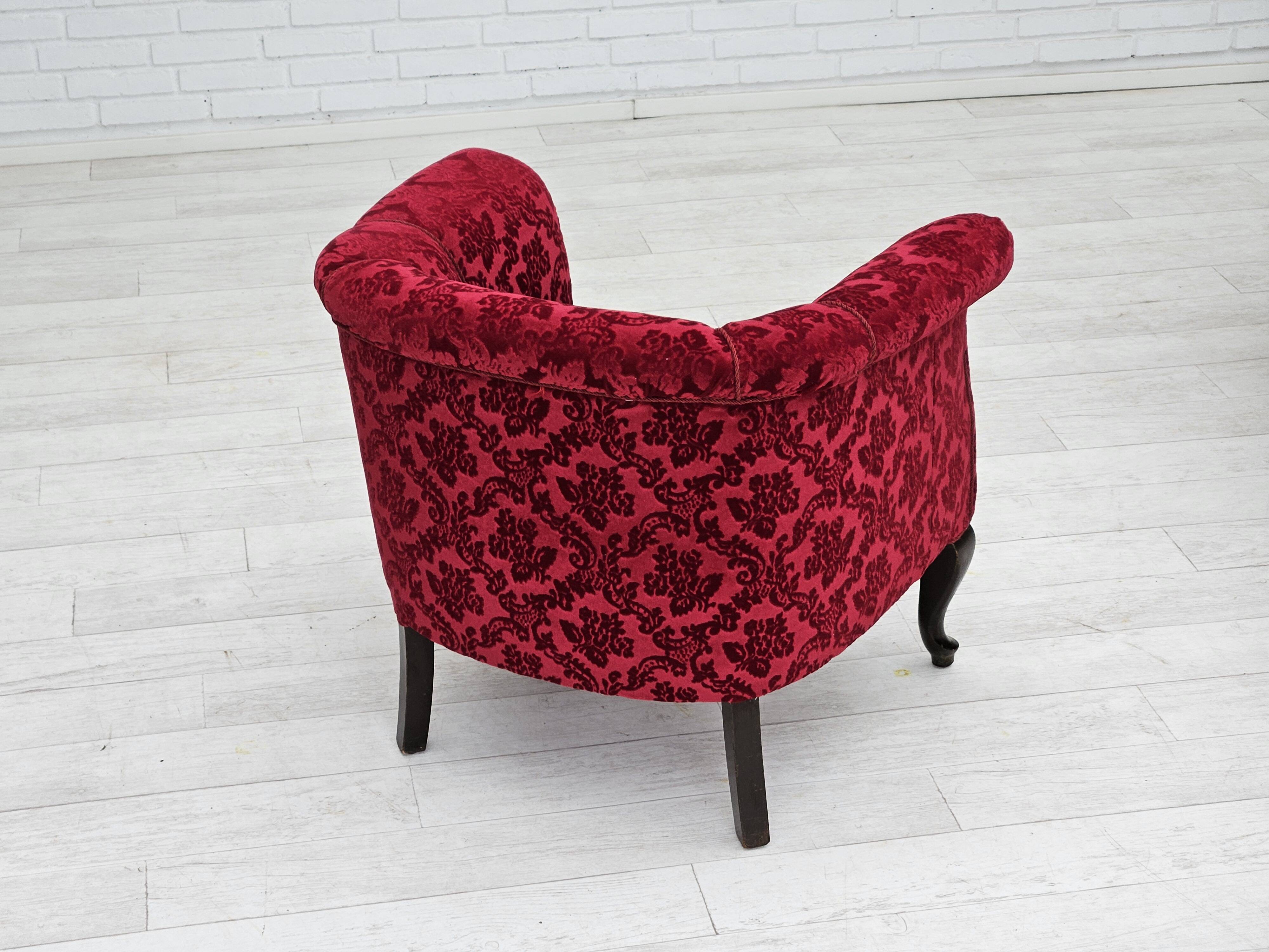 1950s, pair of two Danish lounge chairs, red cotton/wool fabric, beech wood.