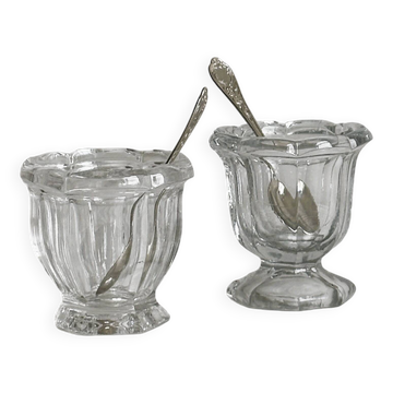 Duo of small thick glass jars