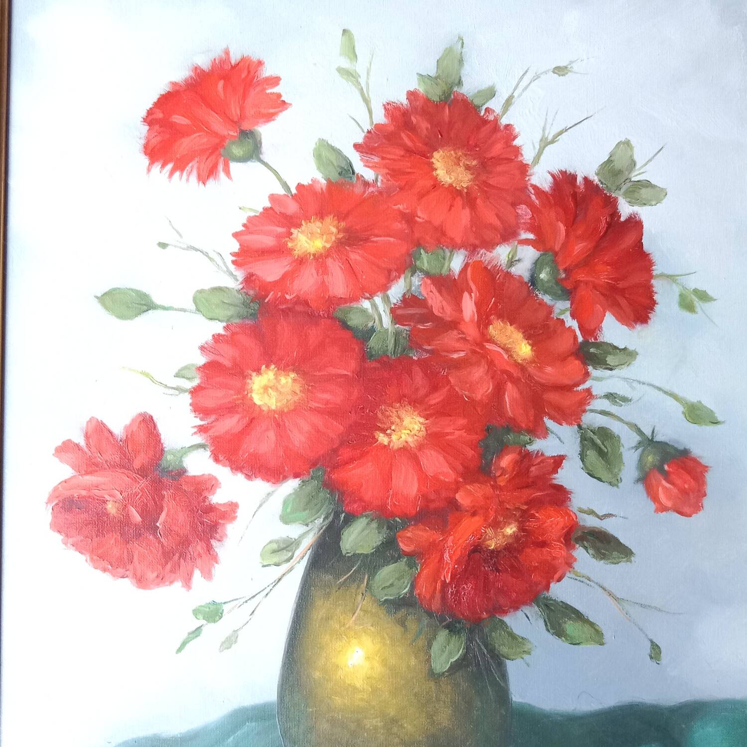 Bouquet of Red Flowers Still Life Canvas signed Golden Frame 54 x 62 cm