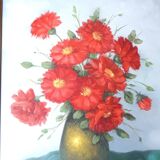 Bouquet of Red Flowers Still Life Signed Canvas Gold Frame 54 x 62 cm