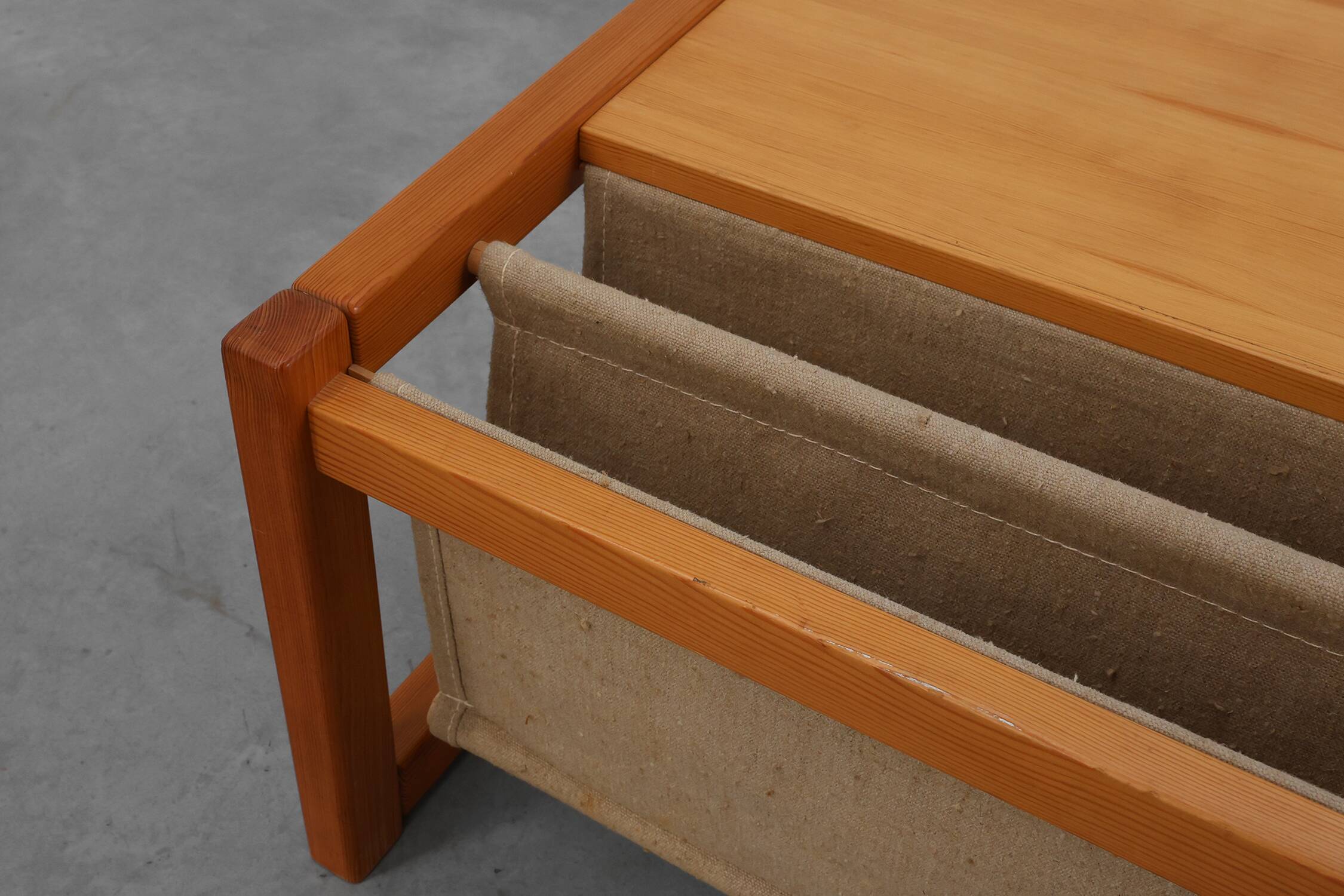Pine and linen coffee table with magazine rack by Karin Möbring, Sweden