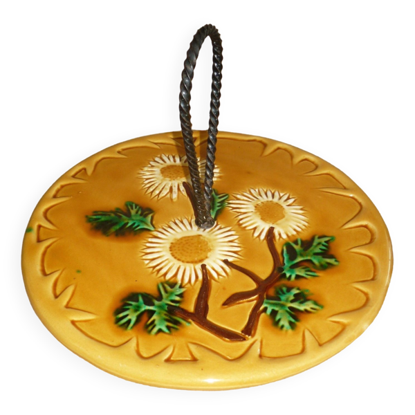 Plateau à fromages jaune décor fleurs style Vallauris