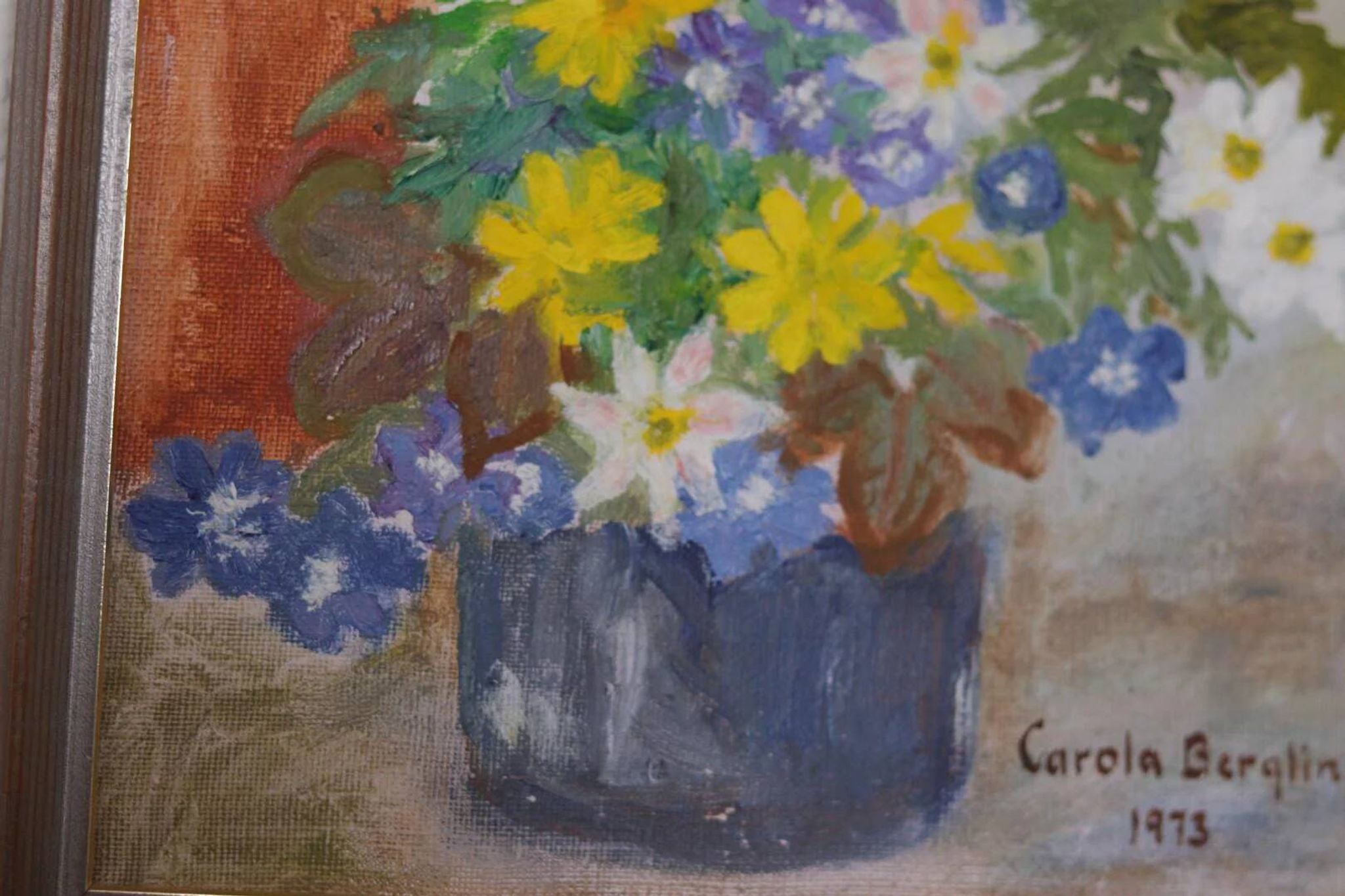 Huile sur toile originale suédoise – « Vase de fleurs » par Carola Bergling