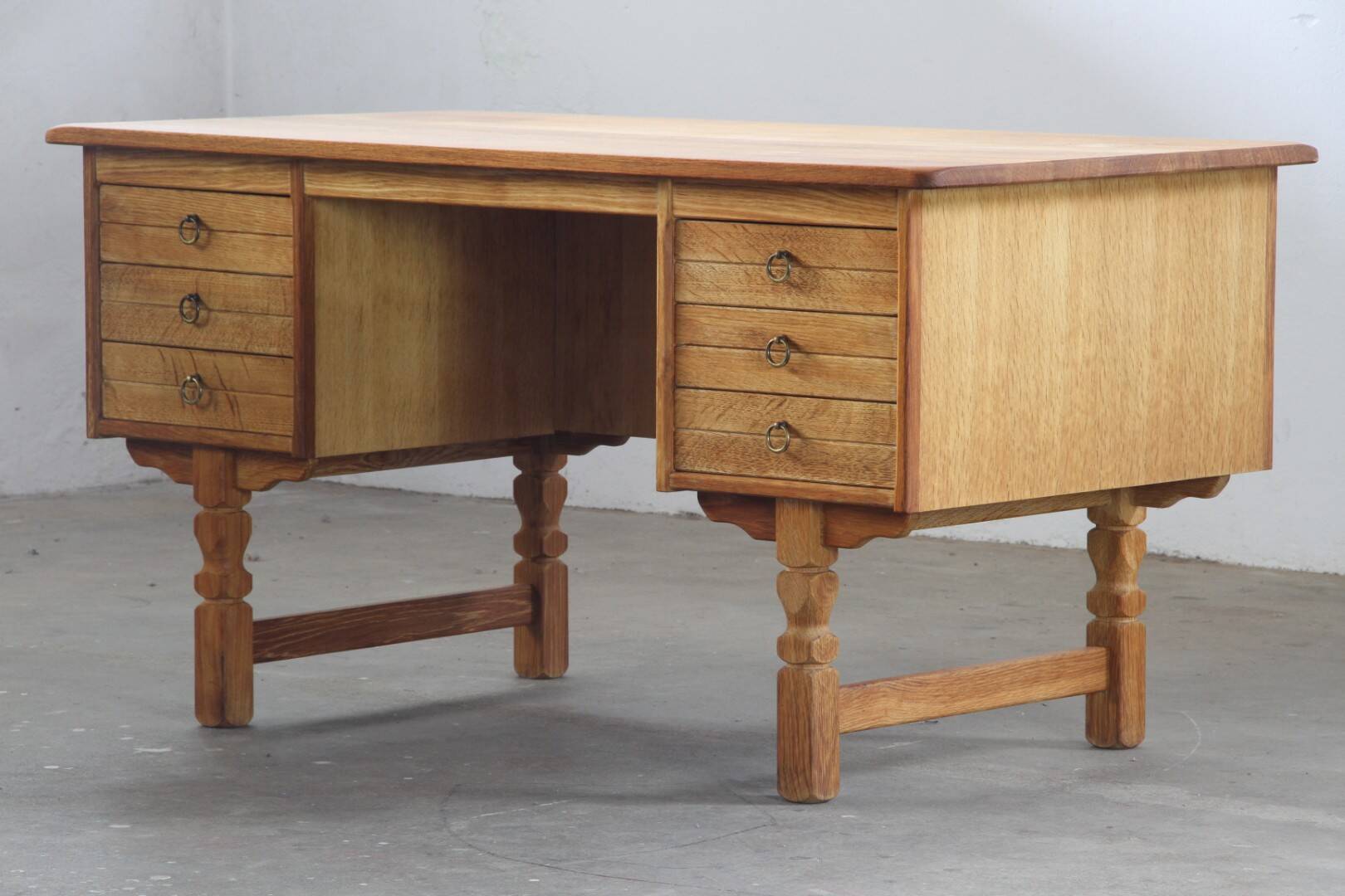 Vintage Mid-Century Oak Desk with 6 Drawers, Open Back, Kjærnulf Style