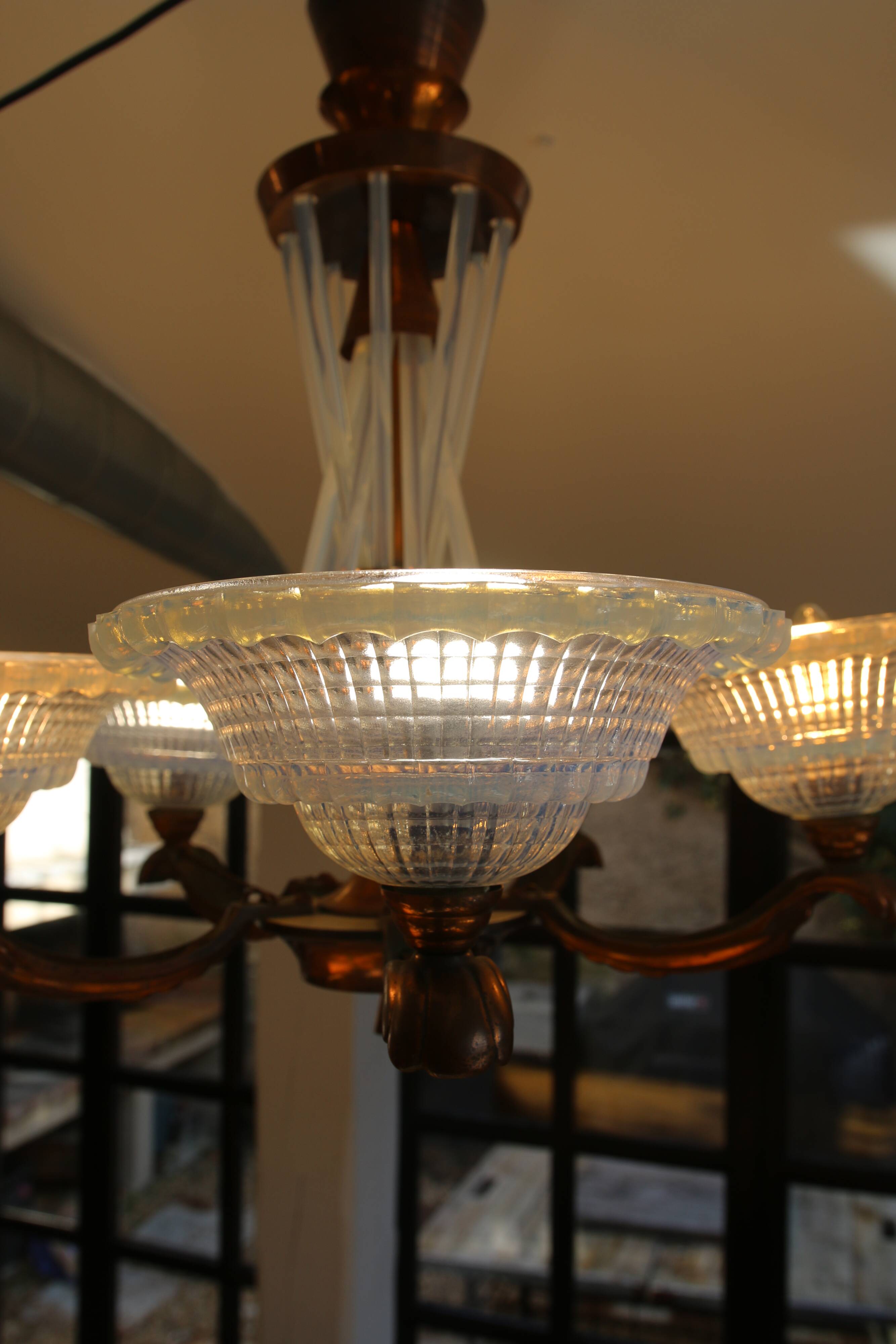 Art Deco lustre, opalescent glass, Ezan & Petitot, signed.