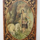 Old oil on wooden panel, carved contours