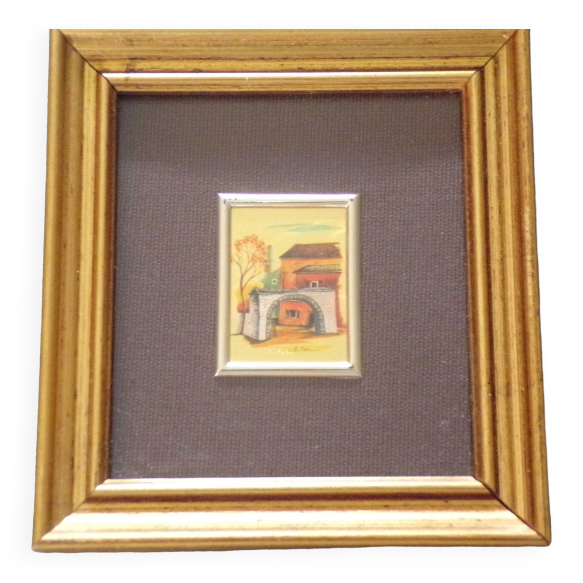 Trio De Tableaux Paysages Dessinés Sur Feuille D'or - Doré - Cadre Rectangle