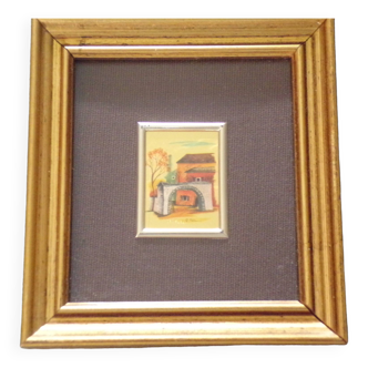 Small art chromolithograph painting House on gold leaf