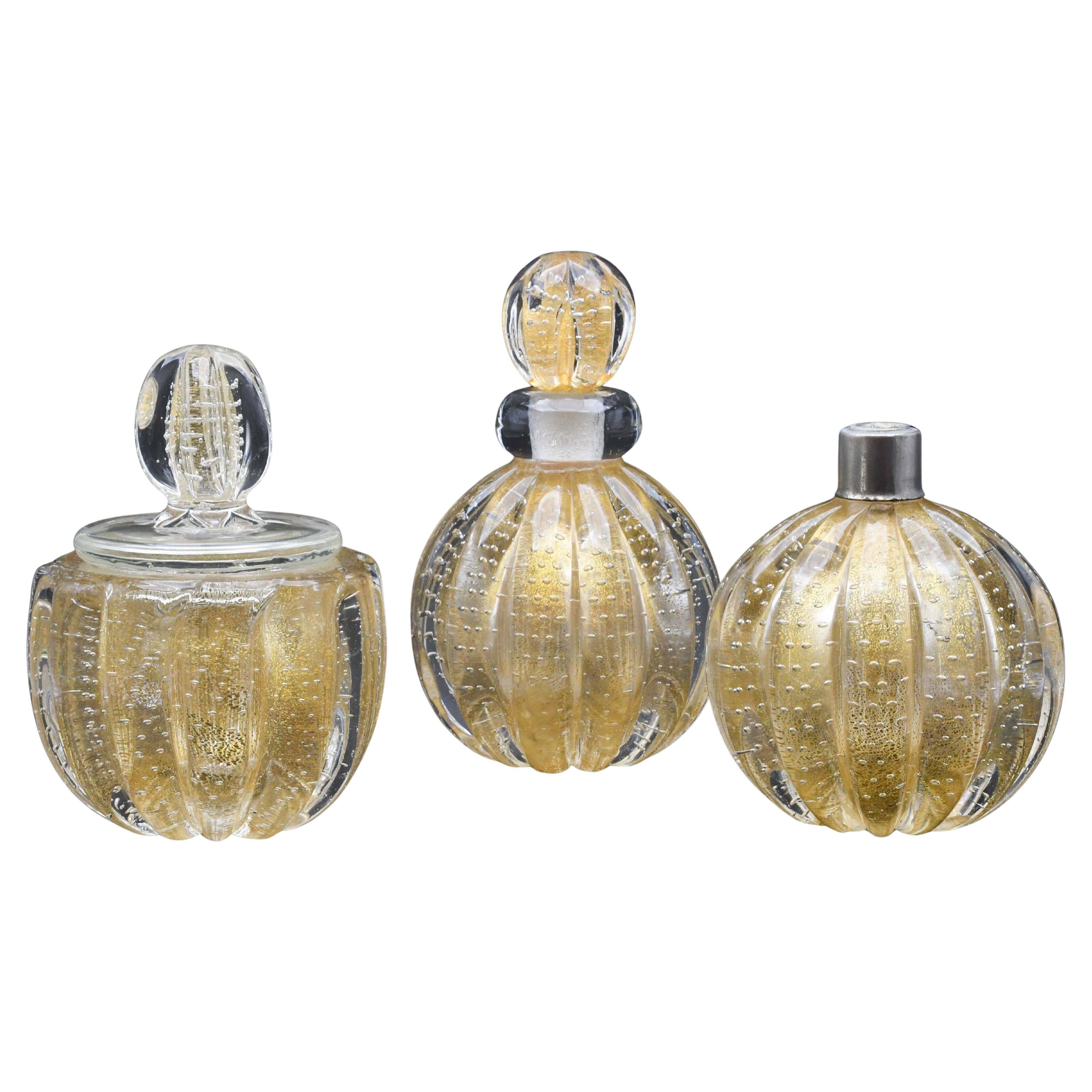Set of 3 gold Ercole Barovier "Bullicante" Murano glass vases for Barovier & Toso