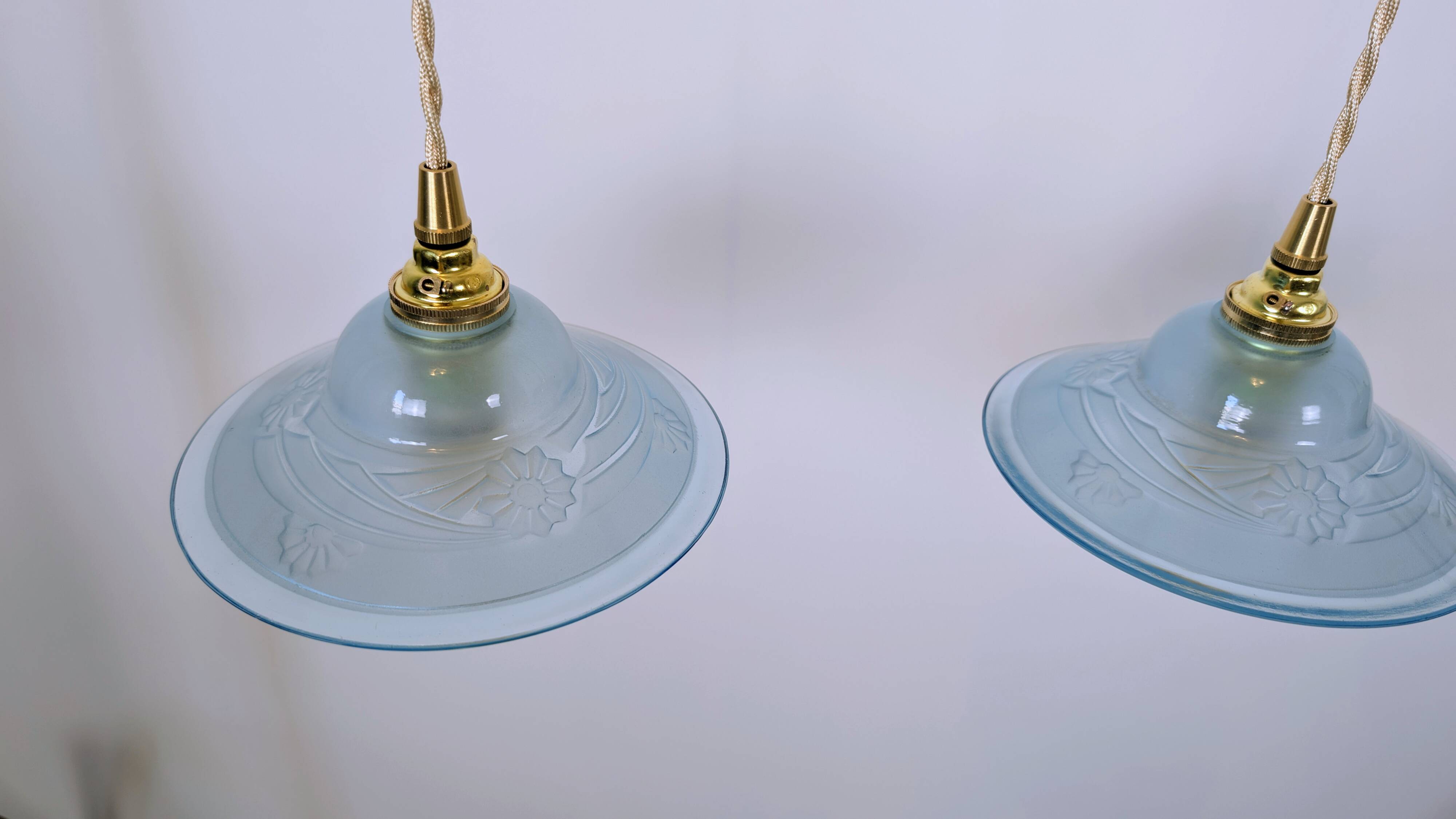 Art Deco blue glass pendant light, moulded glass shade — Ø19 cm — 3 available