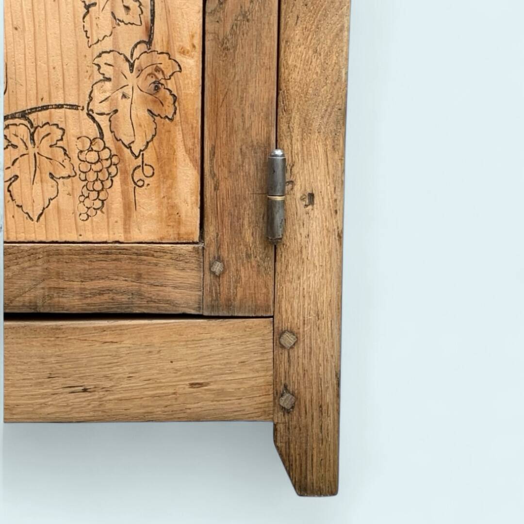 Parisian art deco sideboard in solid raw wood with pyrographed decorations, 1929