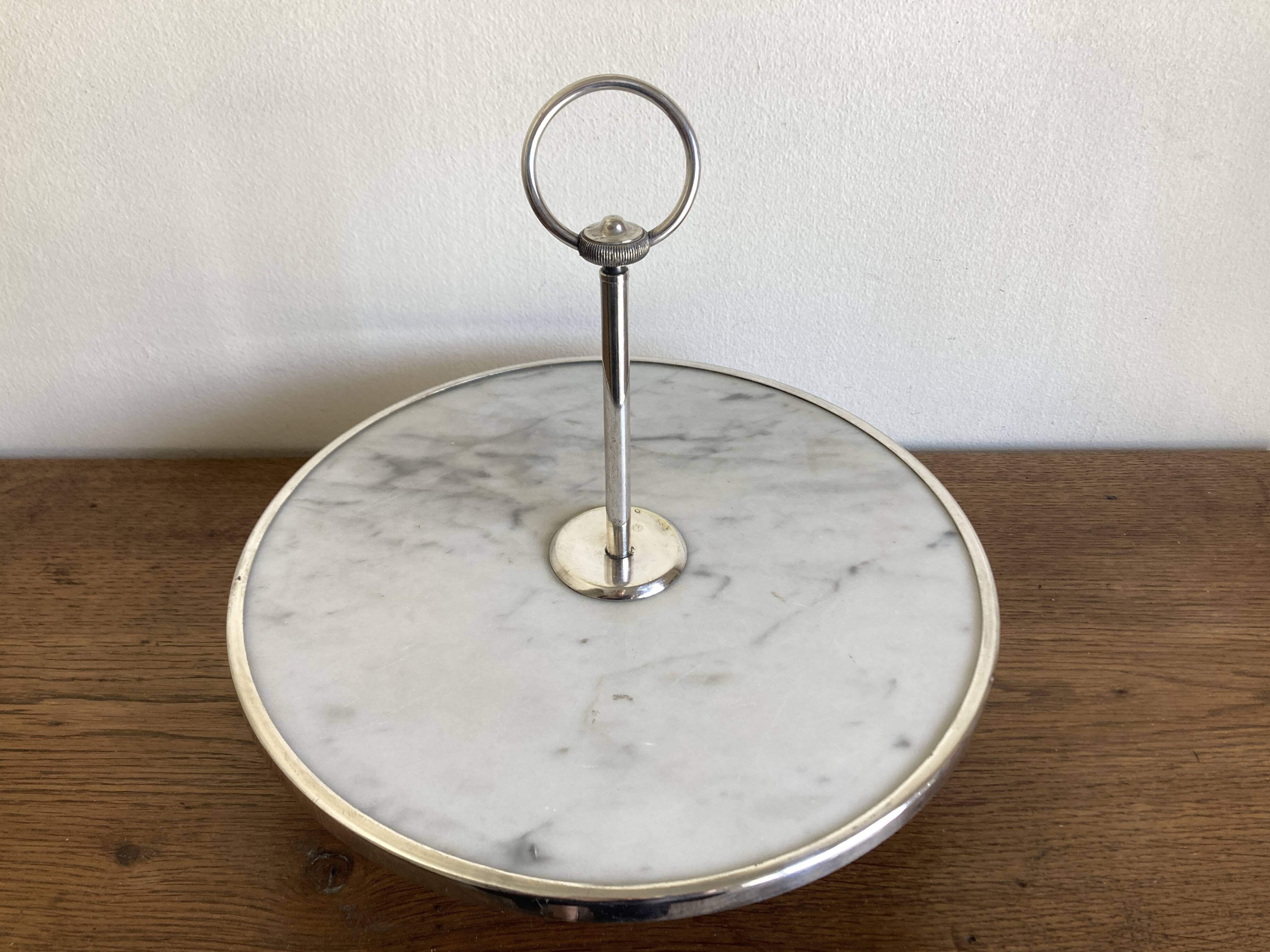 Silver-plated rotating platter and white marble pastry stand 1960 neoclassical