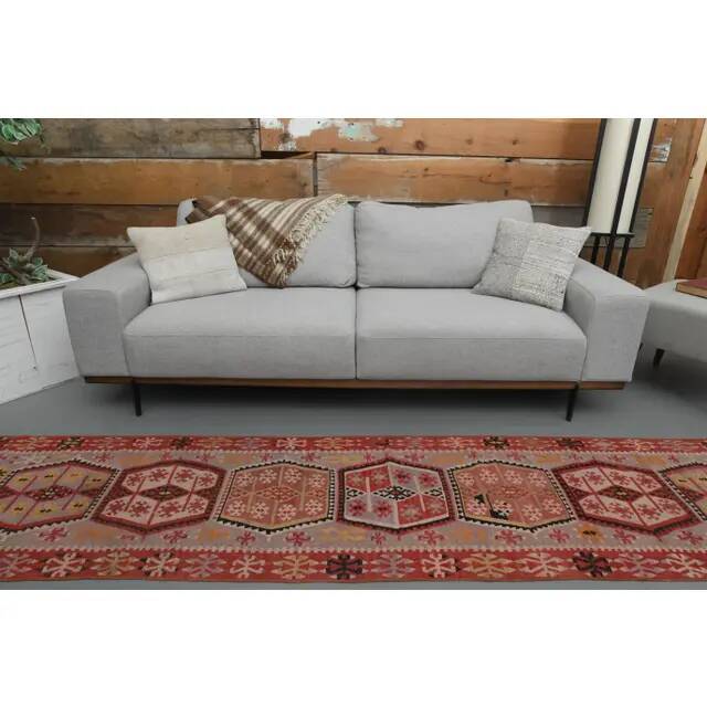 1970s Vintage Turkish Oushak Handmade Wool Cotton Red Runner Rug 70x354