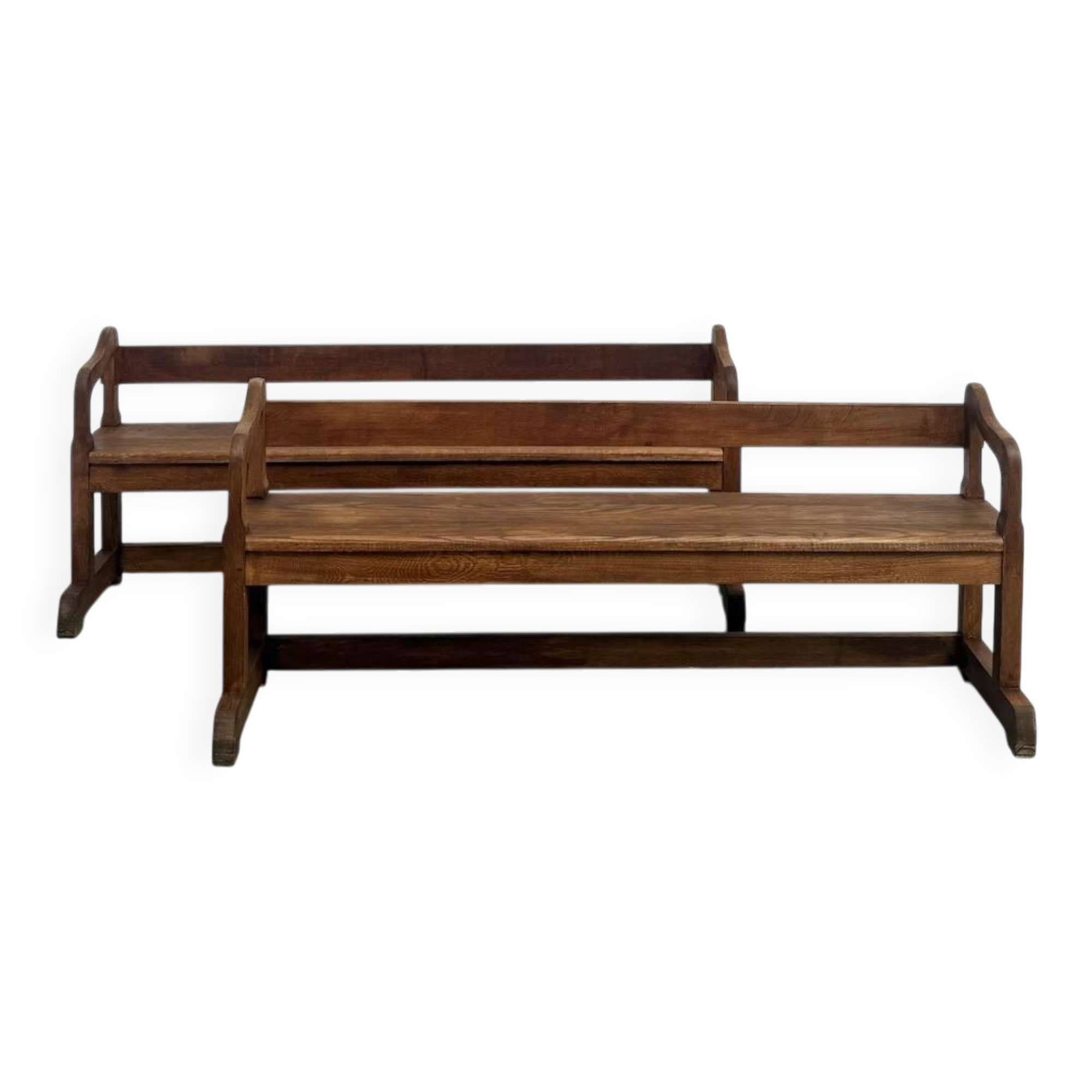Pair of communal benches in solid oak, 1950s.