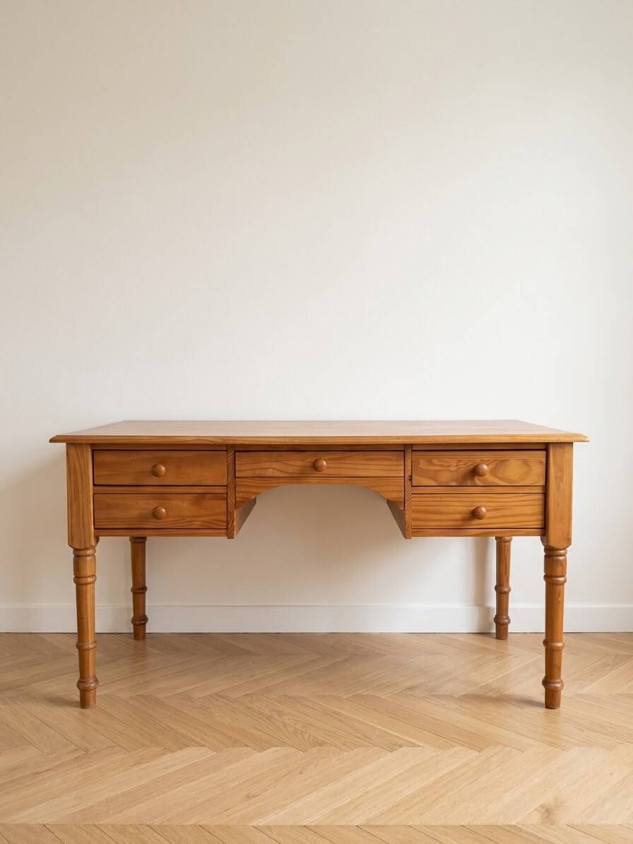 Large solid pine minister's desk with turned legs.