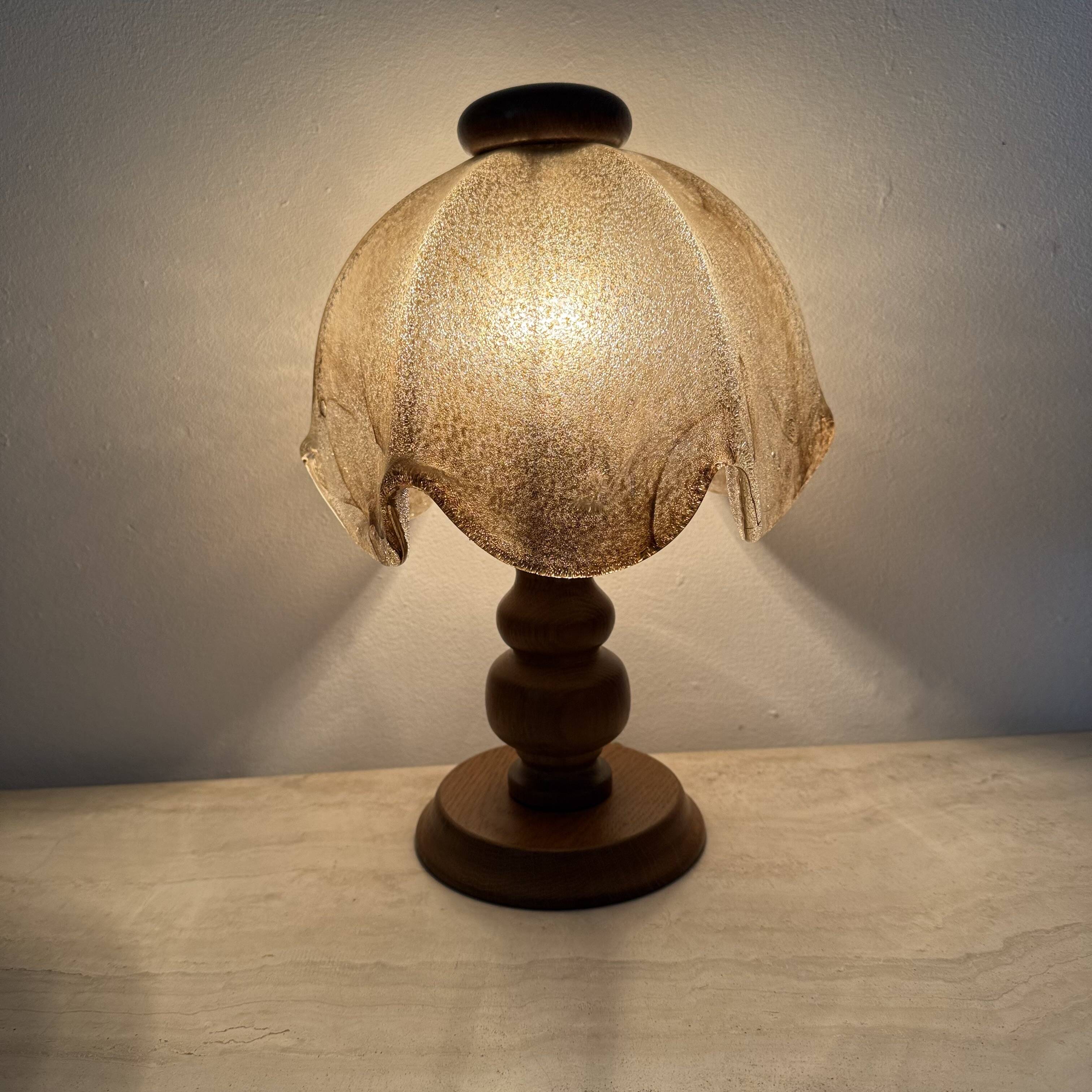Vintage brutalist glass table lamp with solid oak wooden base , 1970s