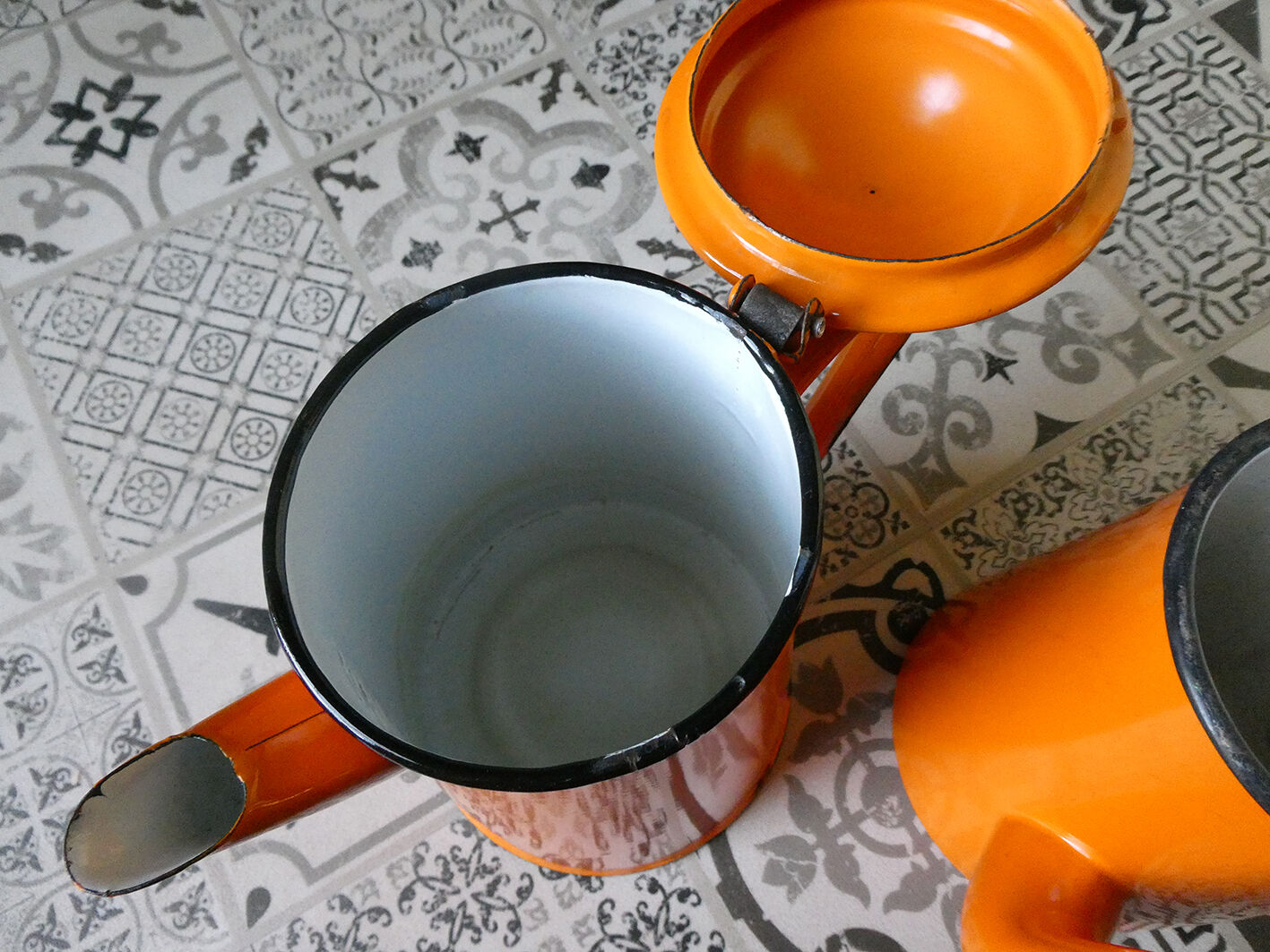 Lot of vintage orange enamelled coffee makers