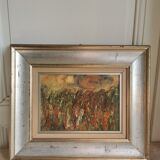 Modern painting, oil on wood panel, color and movement