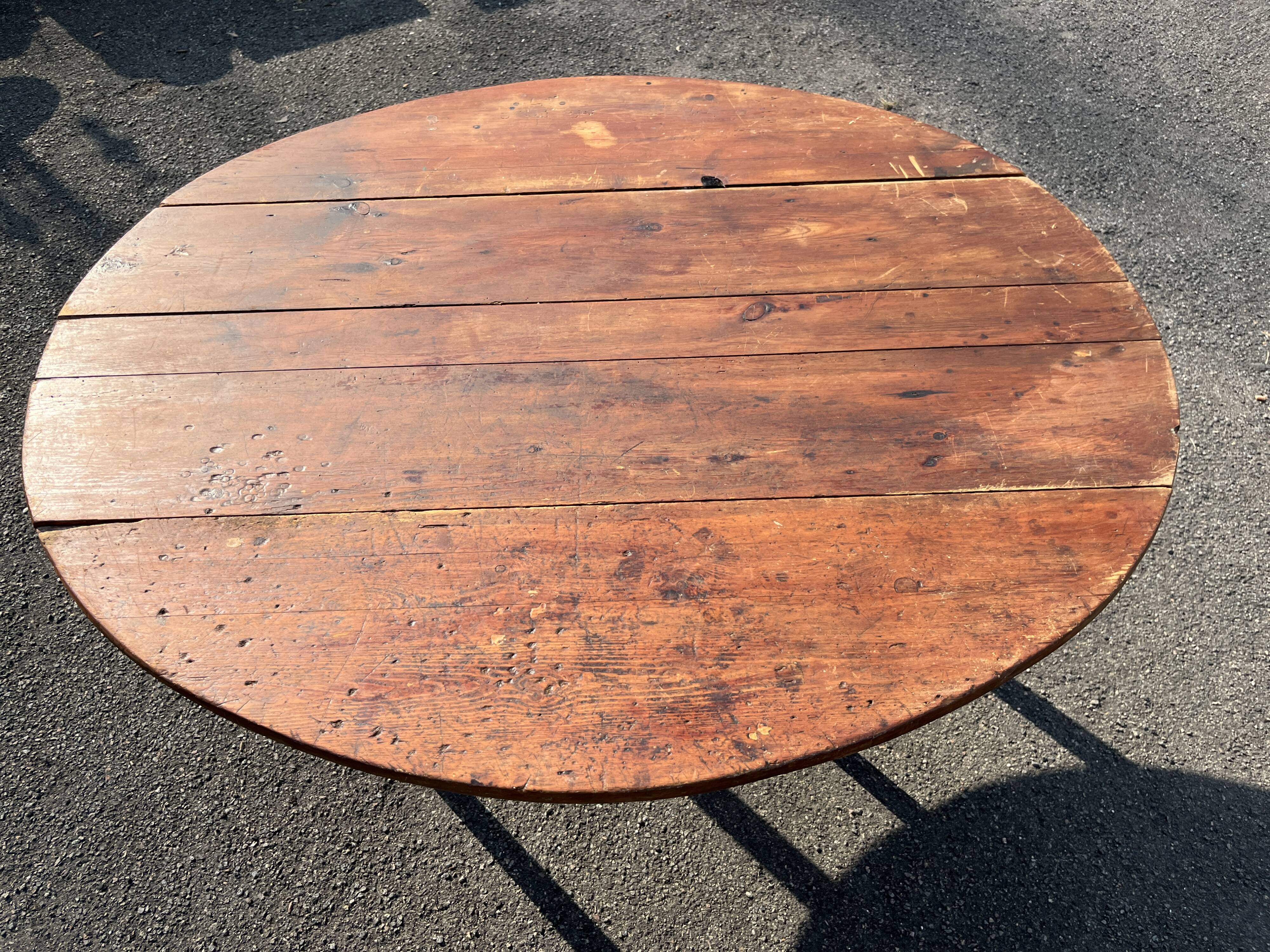 Antique rustic round wooden table 121cm, straight base
