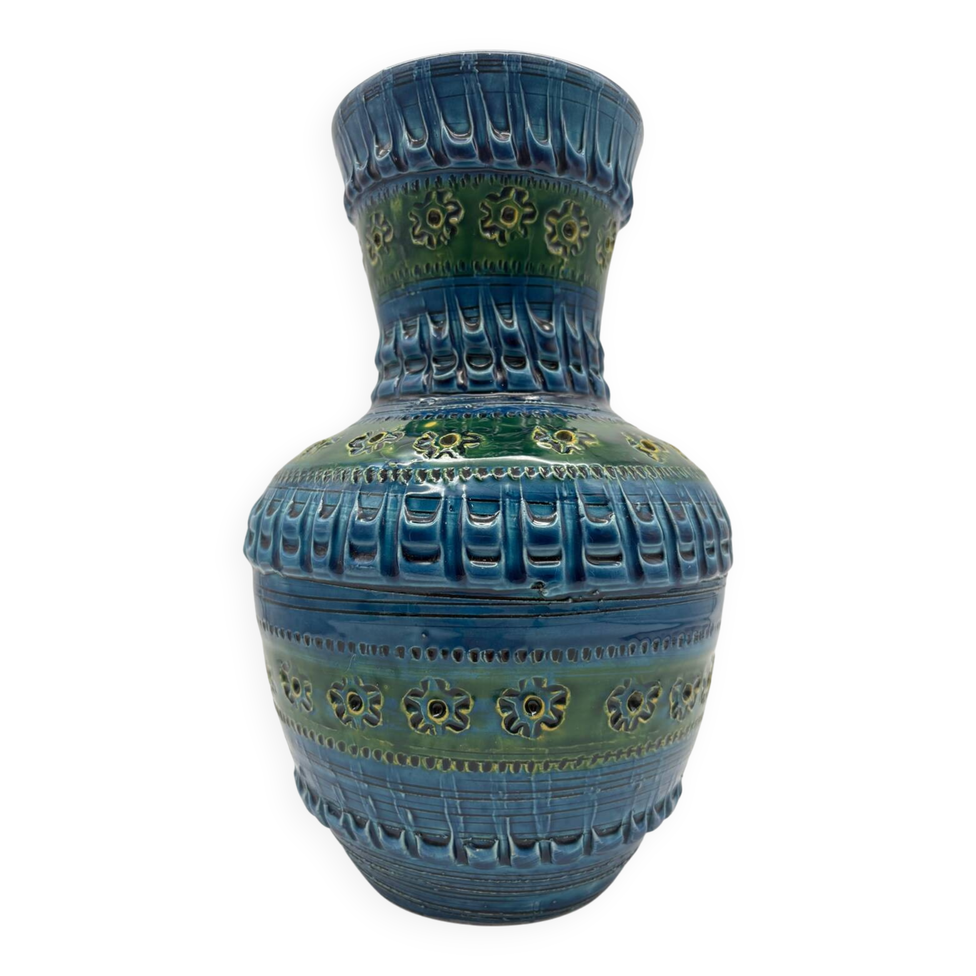 Aldo Londi vase, Rimini Blue, blue-green glazed ceramic, Bitossi, 1960