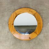 Scandinavian round solid pine mirror by Glasmäster Markaryd, Sweden, 70's