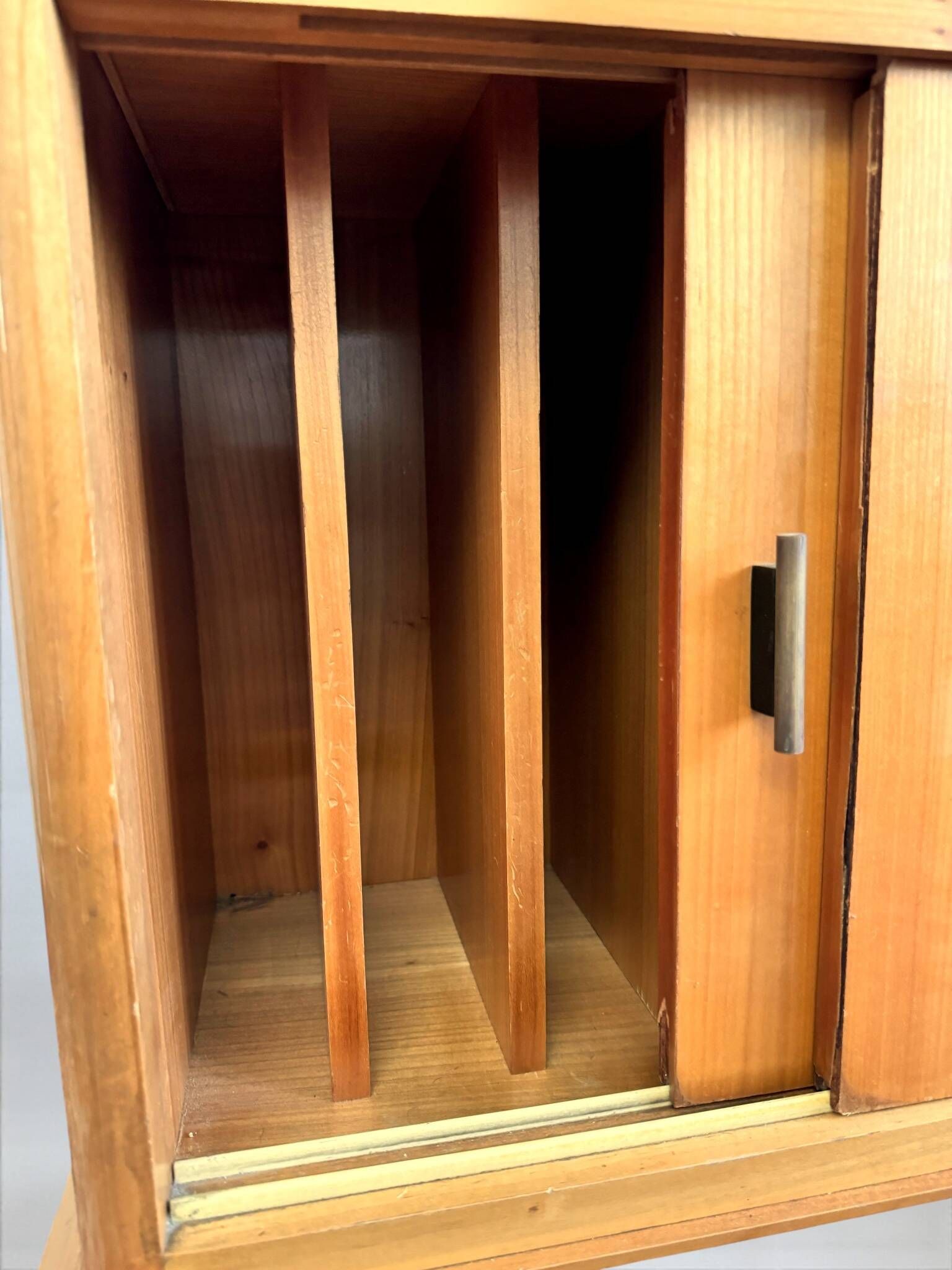 Vintage 1950s hi-fi cabinet – Scandinavian style – blond wood with brass legs