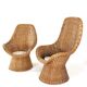 Set of 2 vintage rattan wicker armchairs with white teddy fabric