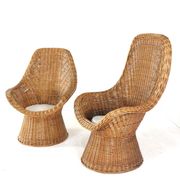 Set of 2 vintage rattan wicker armchairs with white teddy fabric