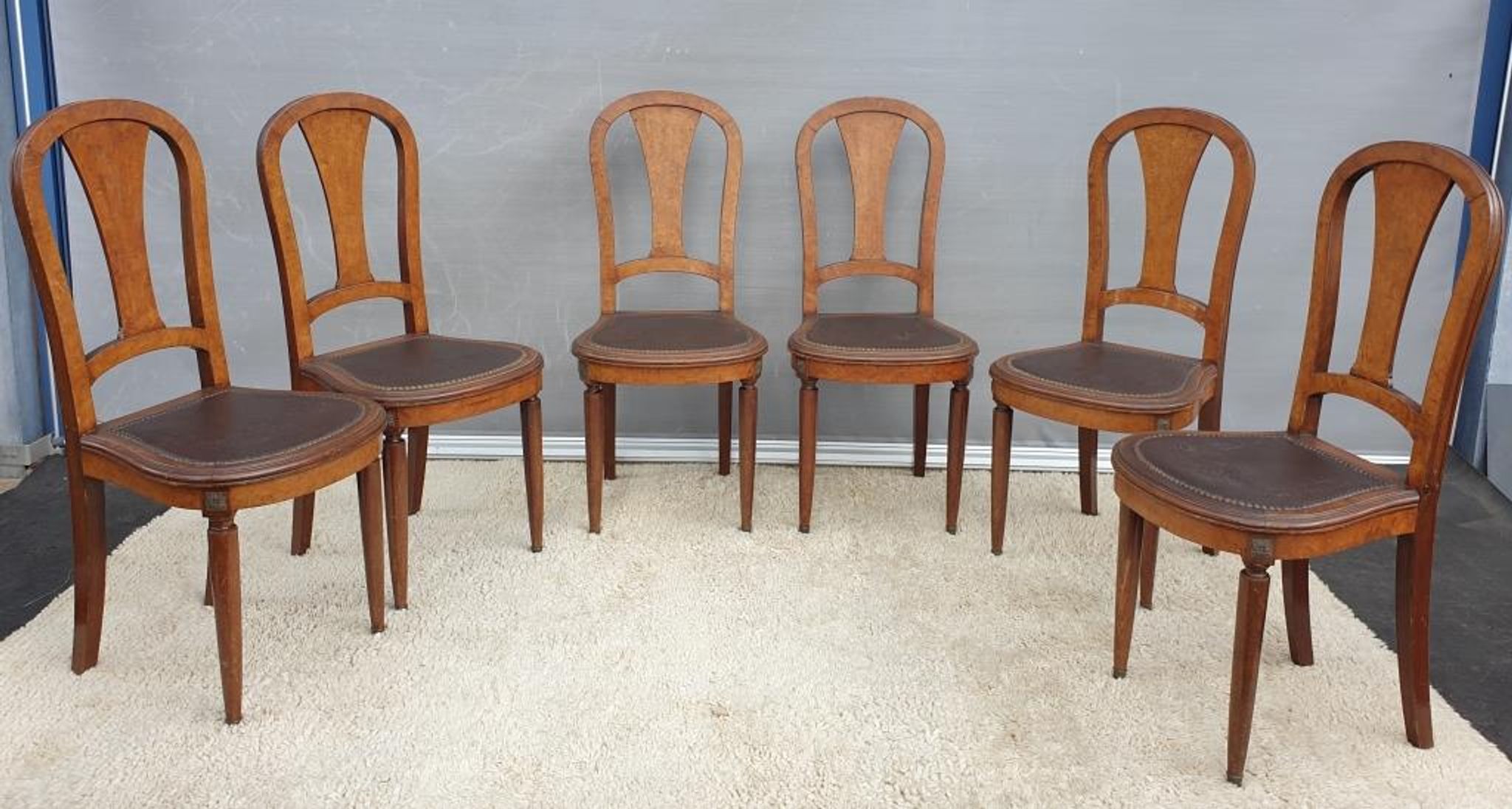Lot 6 Art Deco chairs in Walnut style Louis XVI seat leather decorated with roses