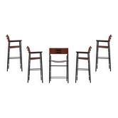 Set of 5 classic bar stools with dark brown leather backrest and black rubber metal.