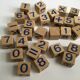 Ancient wooden toy cubes alphabet, figures and pictures