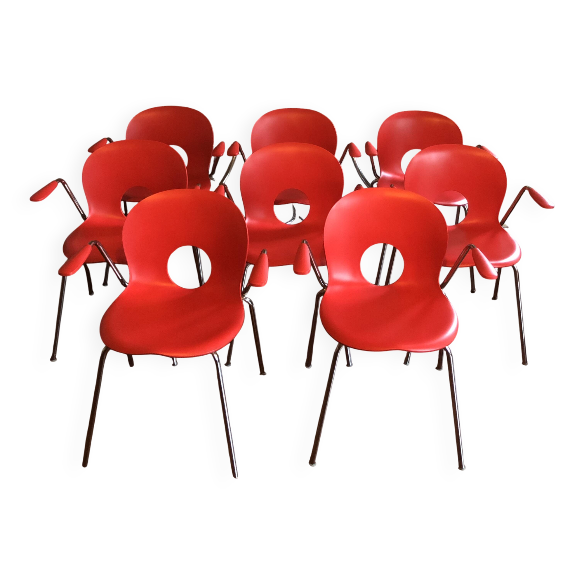 Lot de 8 chaises rouges vintage designer Raul Barbieri