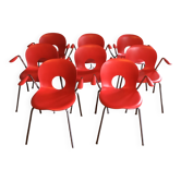 Lot de 8 chaises rouges vintage designer Raul Barbieri