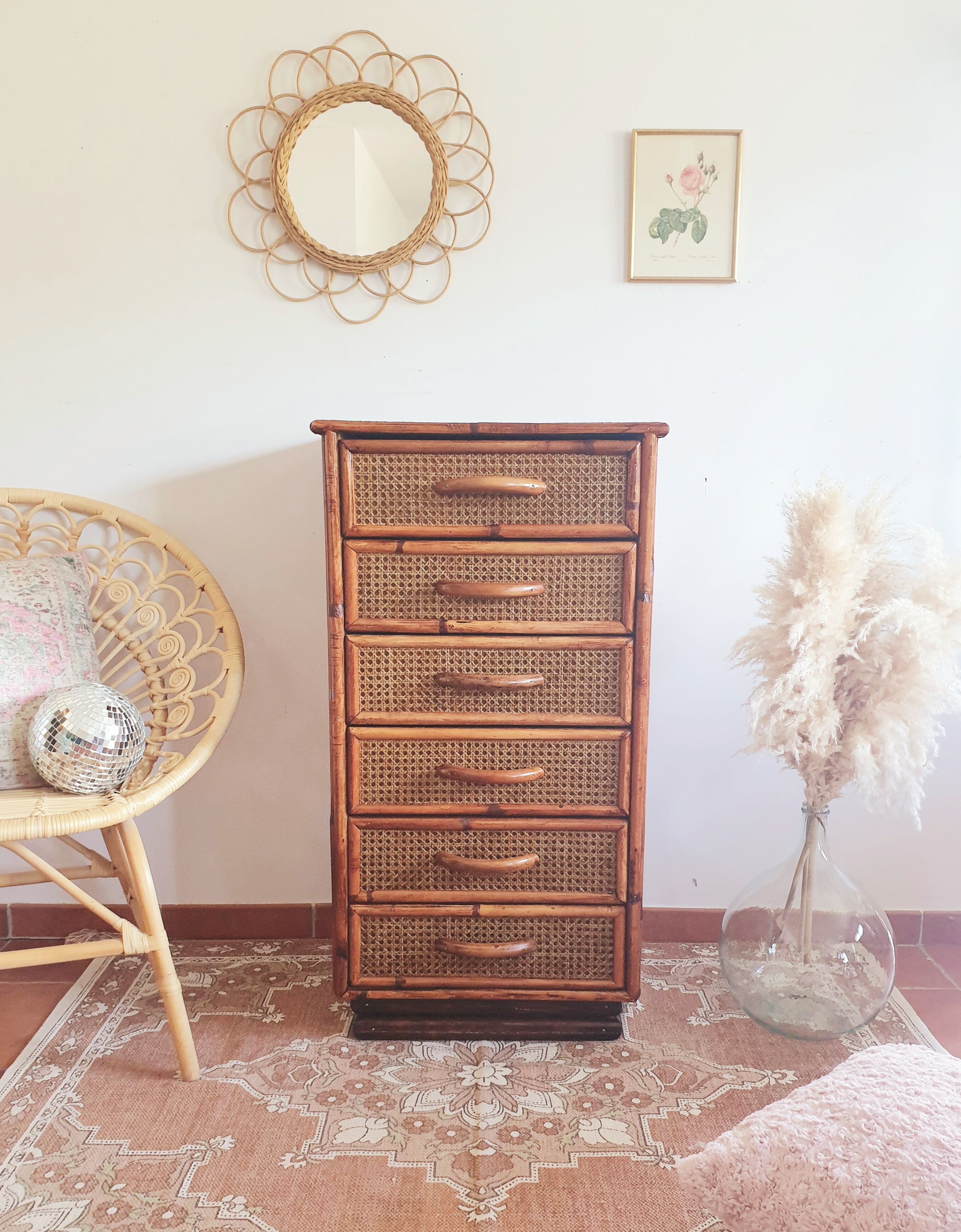 Rattan and canning chest of drawers