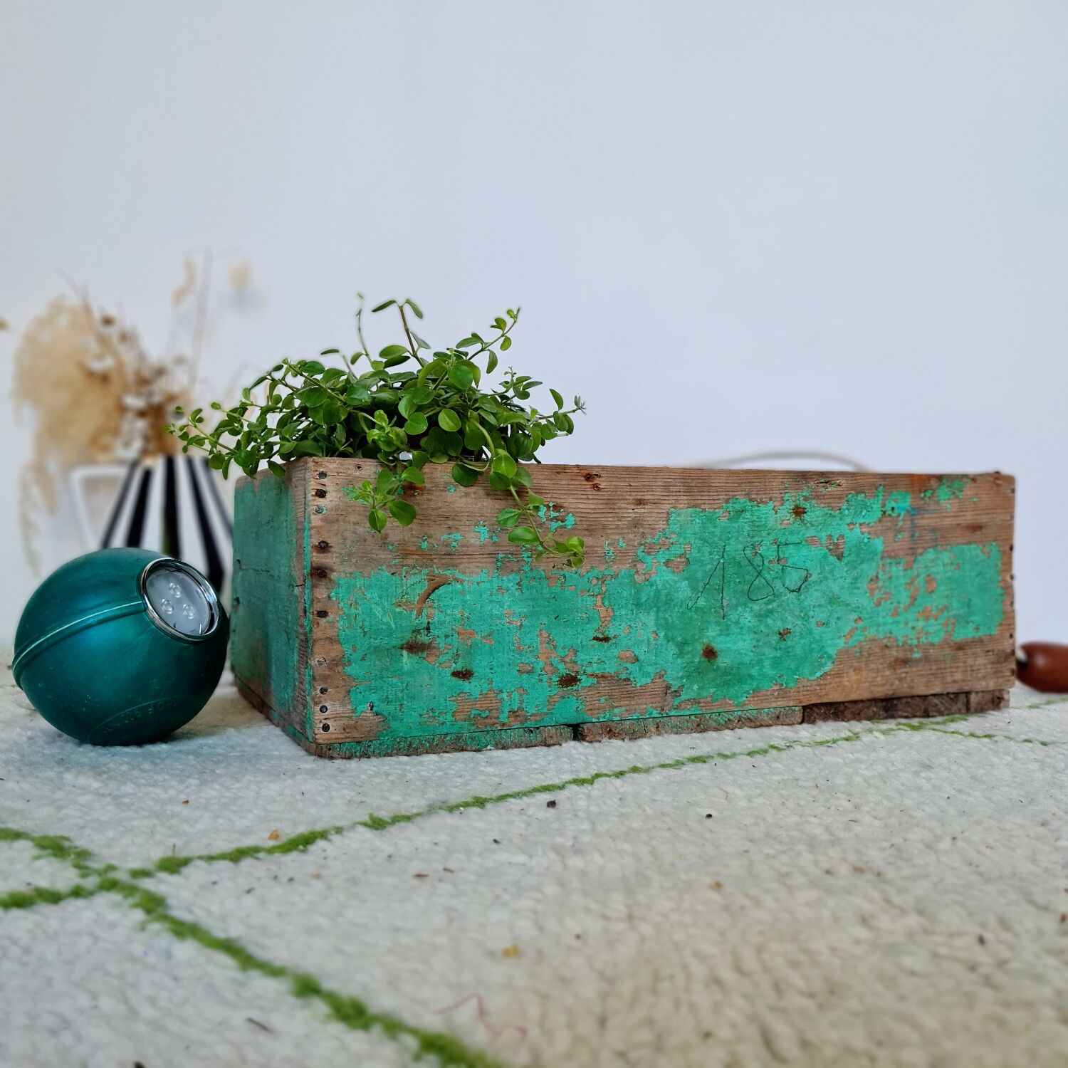 Patinated green wooden box