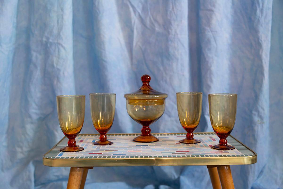 Set of four glasses and a sugar bowl Murano, Europe, 1960s