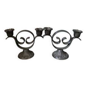 Set of 2 vintage solid pewter flower candlesticks