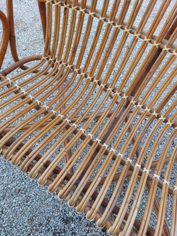 Banquette table et deux fauteuils en rotin 1950 vintage