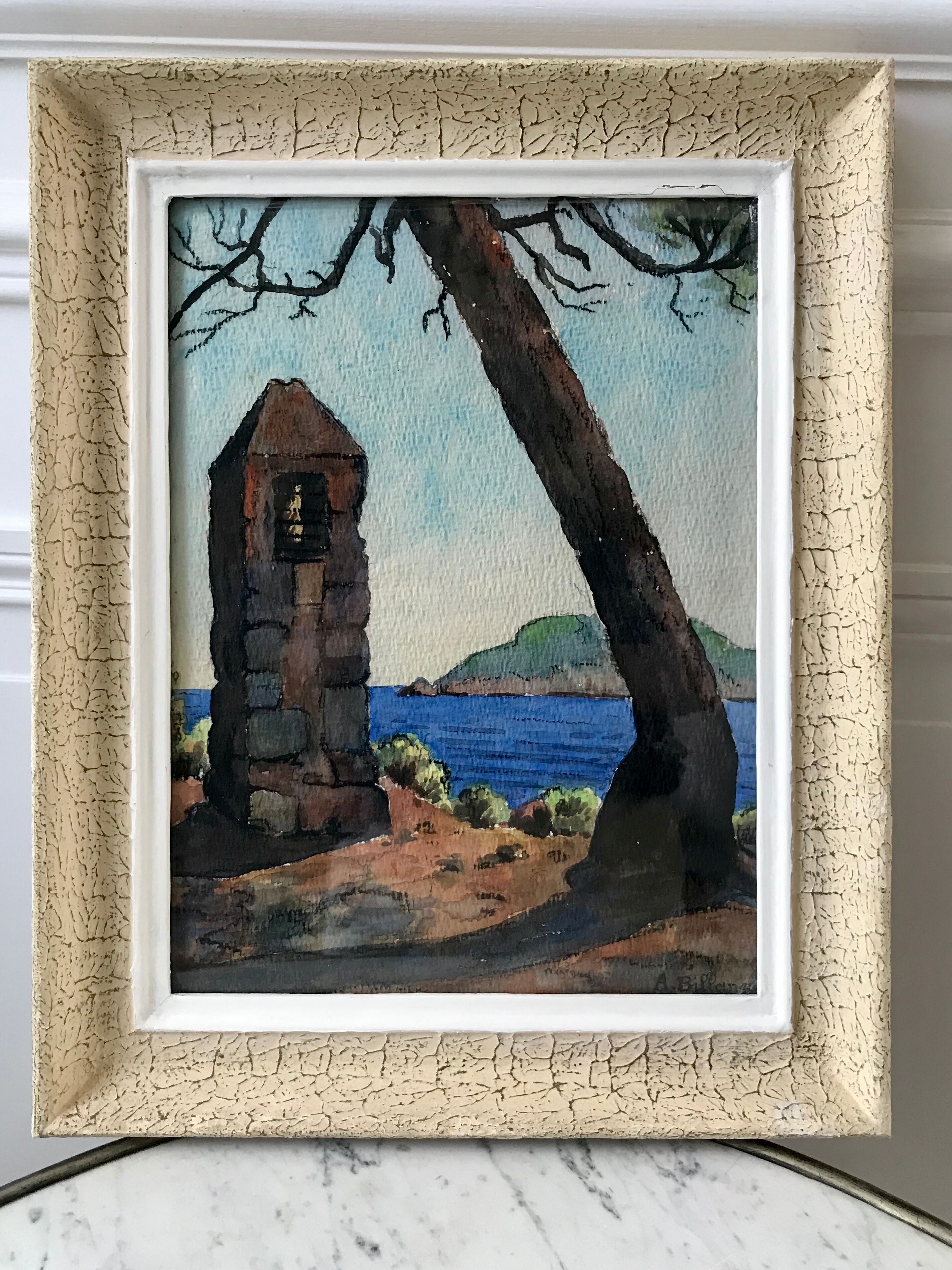 Landscape painting sea old watercolor signed