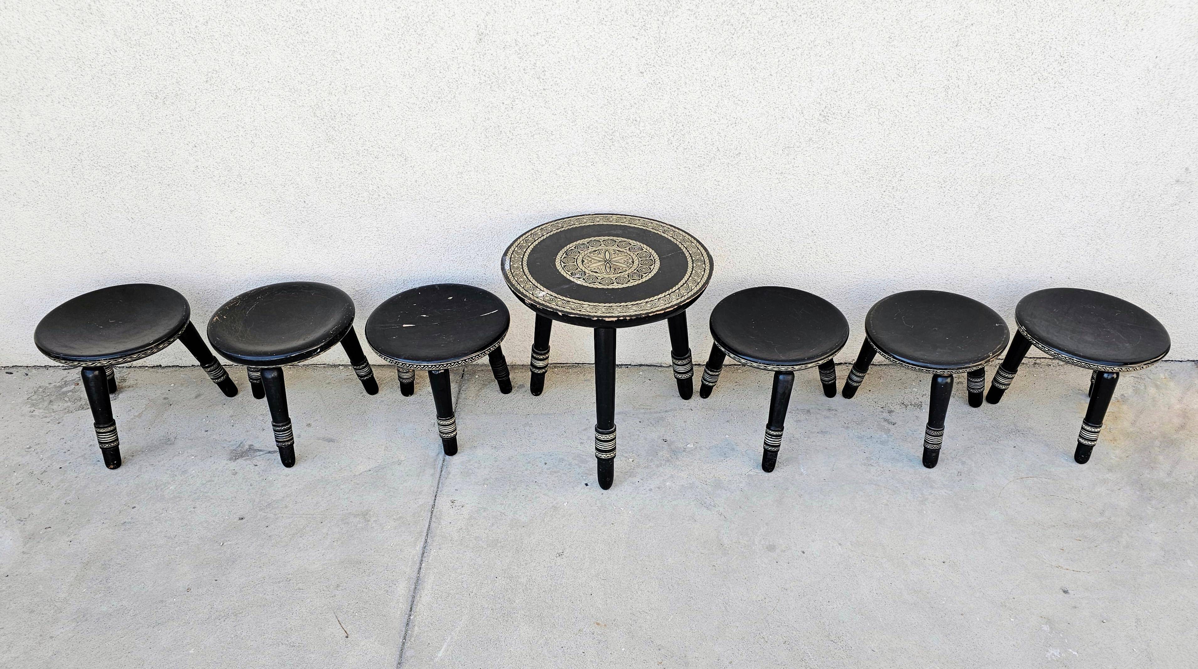Antique hand-carved coffee table with 6 stools by Ettore Zacchari, 1900s.