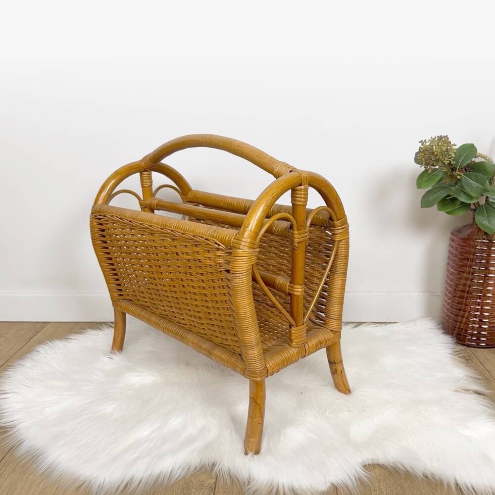 Vintage caramel-colored bamboo and rattan magazine rack