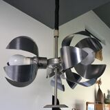 Space-age pendant lamp with 3 stainless steel lights and brushed aluminum adjustable in height - design 1970