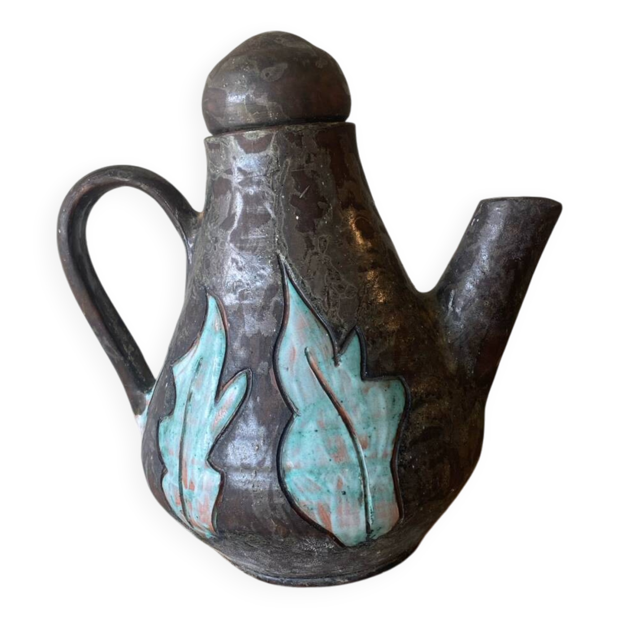 Enamelled terracotta teapot signed Keka