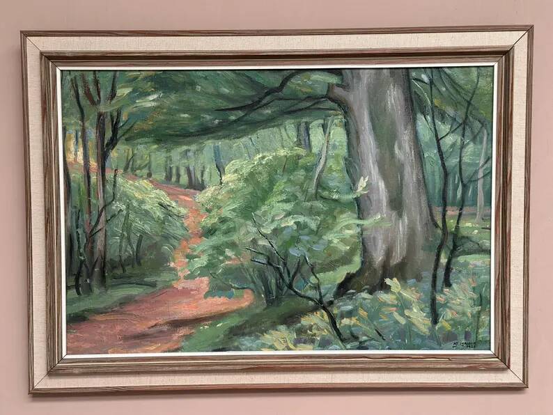 Original Swedish Oil on Canvas – "Path through the Forest" by H.J. Larsson – Signed, Vintage and Framed – 70 x 50 cm (27.5 x 19.6 inches)