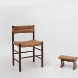 French rustic low church stool in terracotta painted wood, ca. 1900