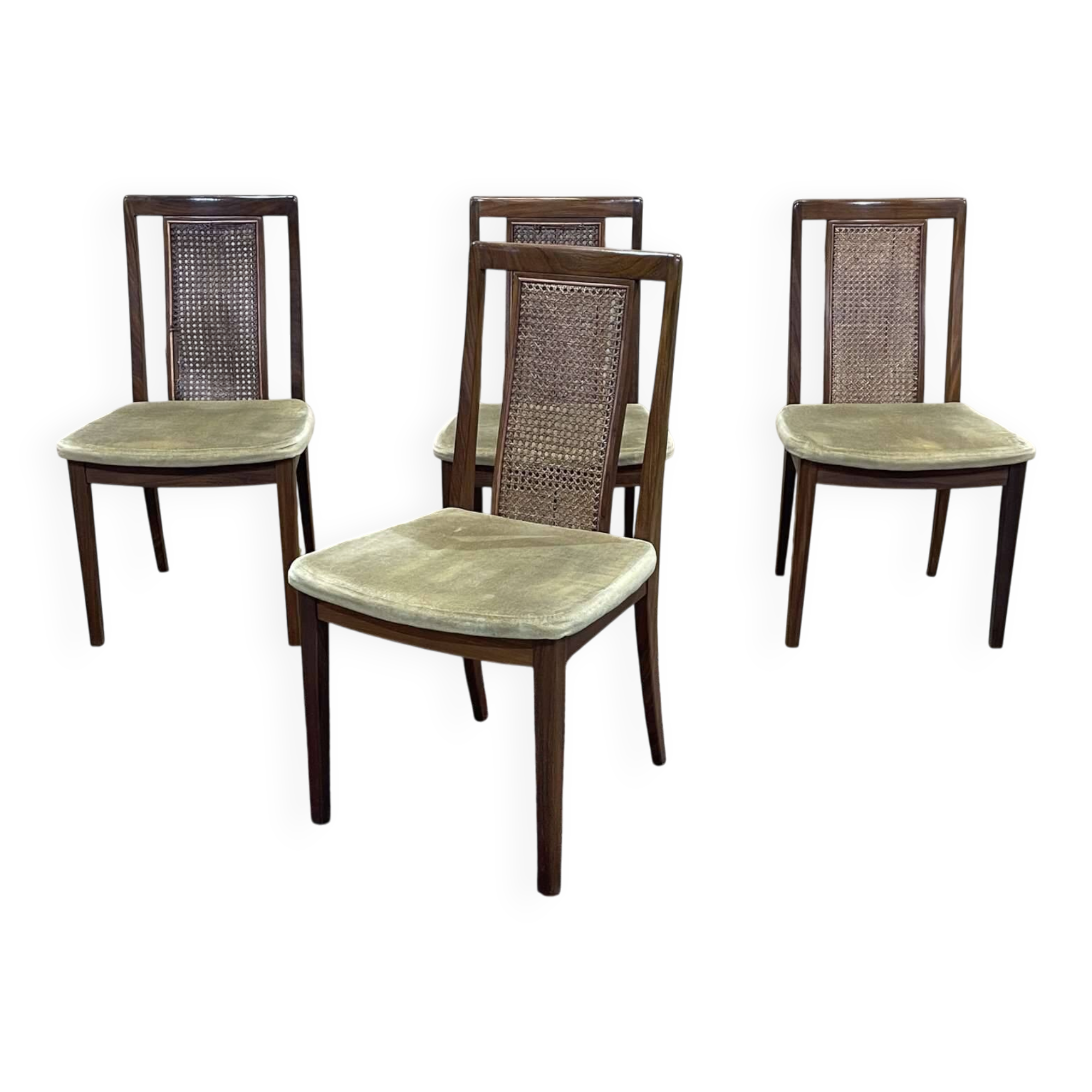 Set of 4 teak chairs from the G-plan brand with caned backrest.