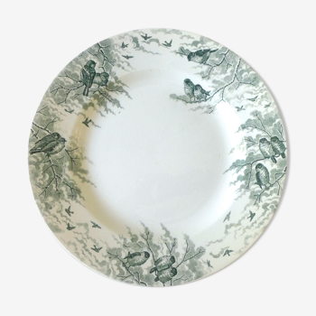 Plat rond Sarreguemines, décor oiseaux, modèle Neige, 1900