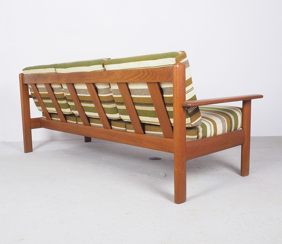 Danish design teak sofa with green striped cushions, 1960's