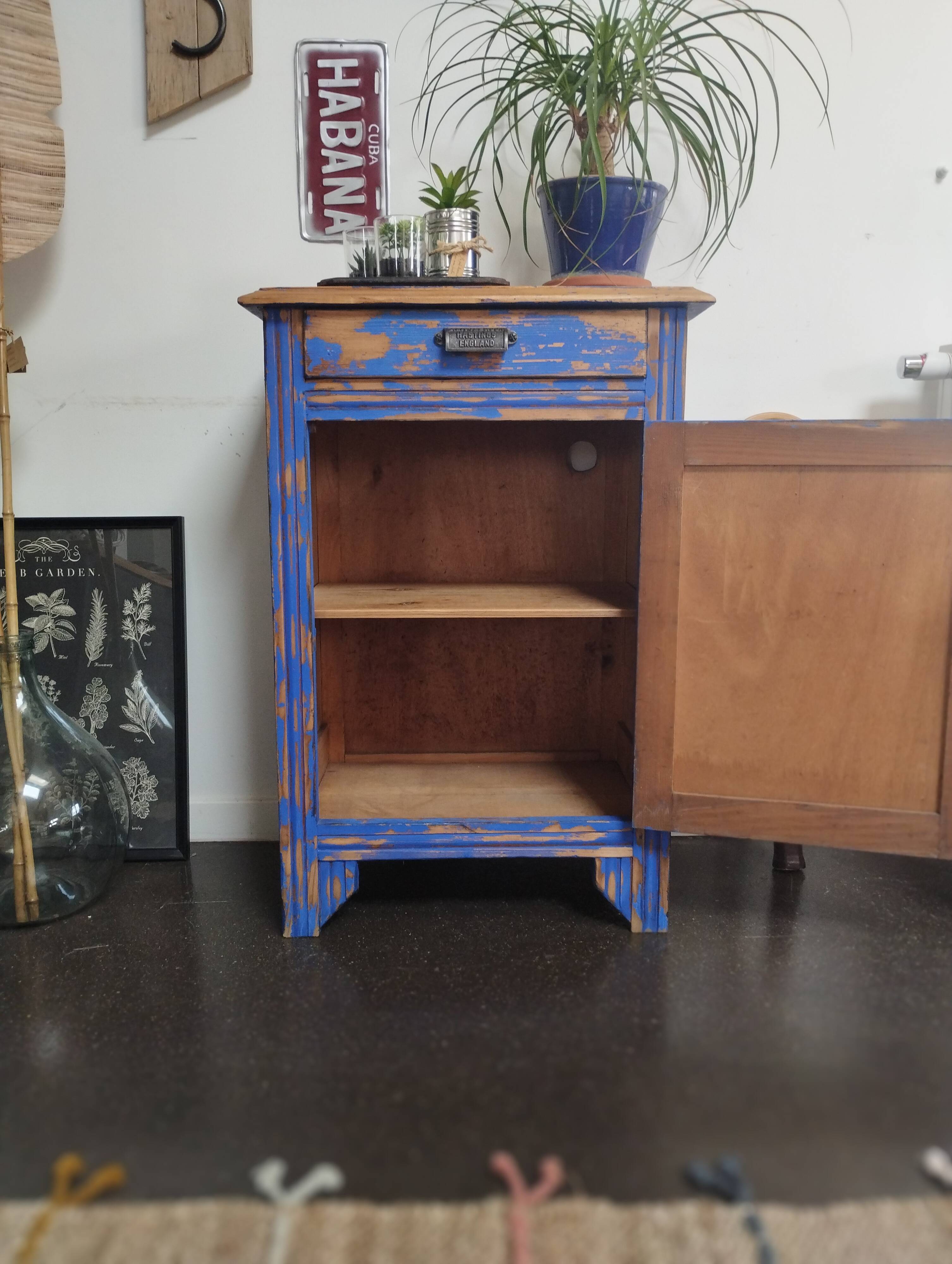 Vintage Jam Cupboard / Small Blue Workshop Cabinet